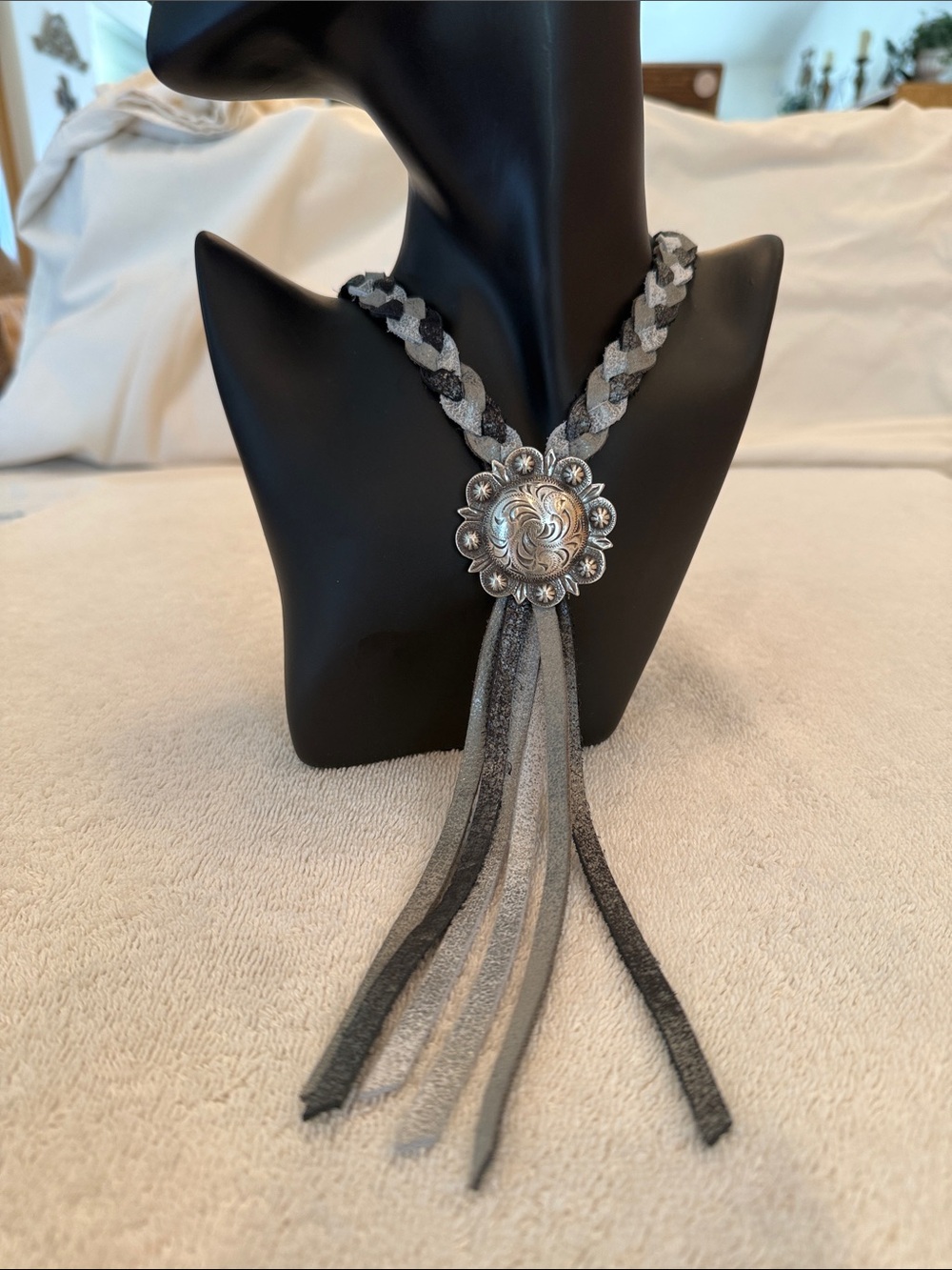 Braided Silver and Gray Leather Concho Tassel Necklace